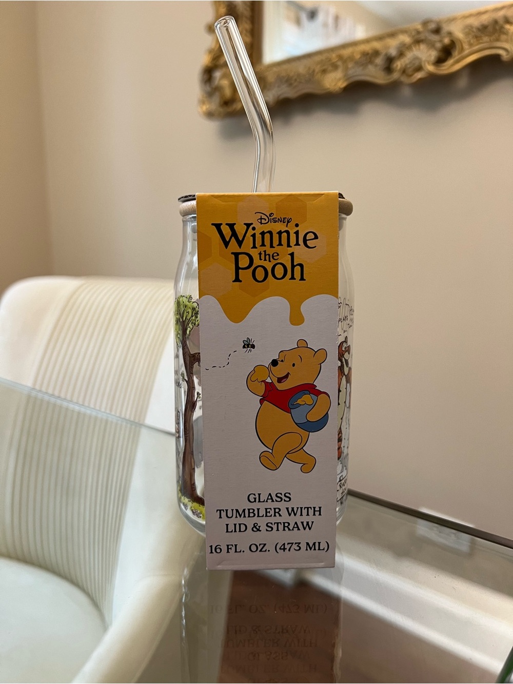 Disney Winnie the Pooh Glass Tumbler with Lid & Straw